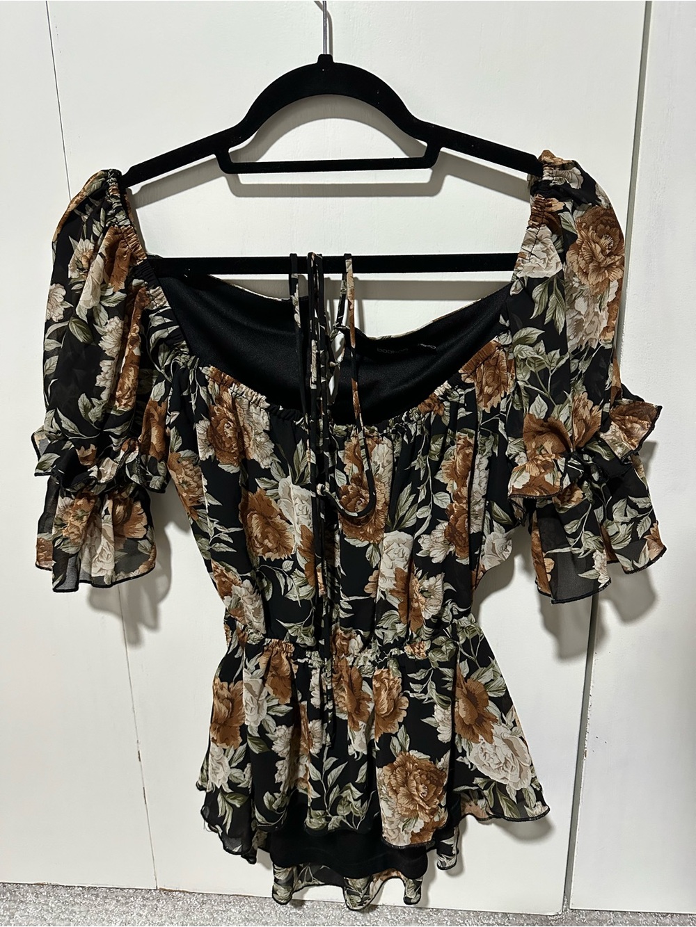 boohoo Black Floral Off the Shoulder Chiffon Blouse